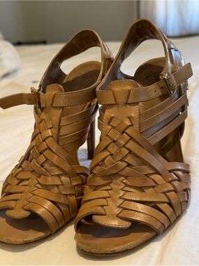Tory Burch Cognac Woven Leather High-Heel Sandals